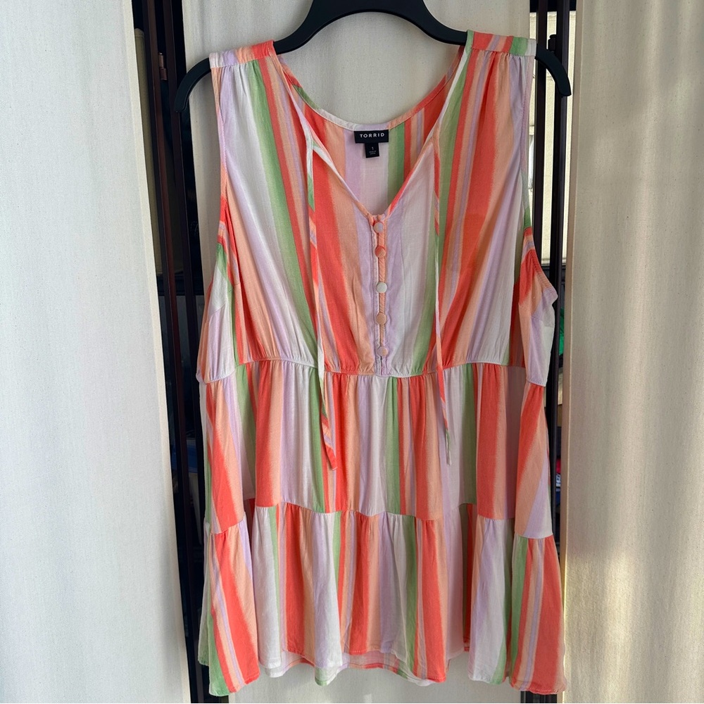Torrid Rayon Slub Button Front Tiered Tank Top in a multi-stripe pattern 1X